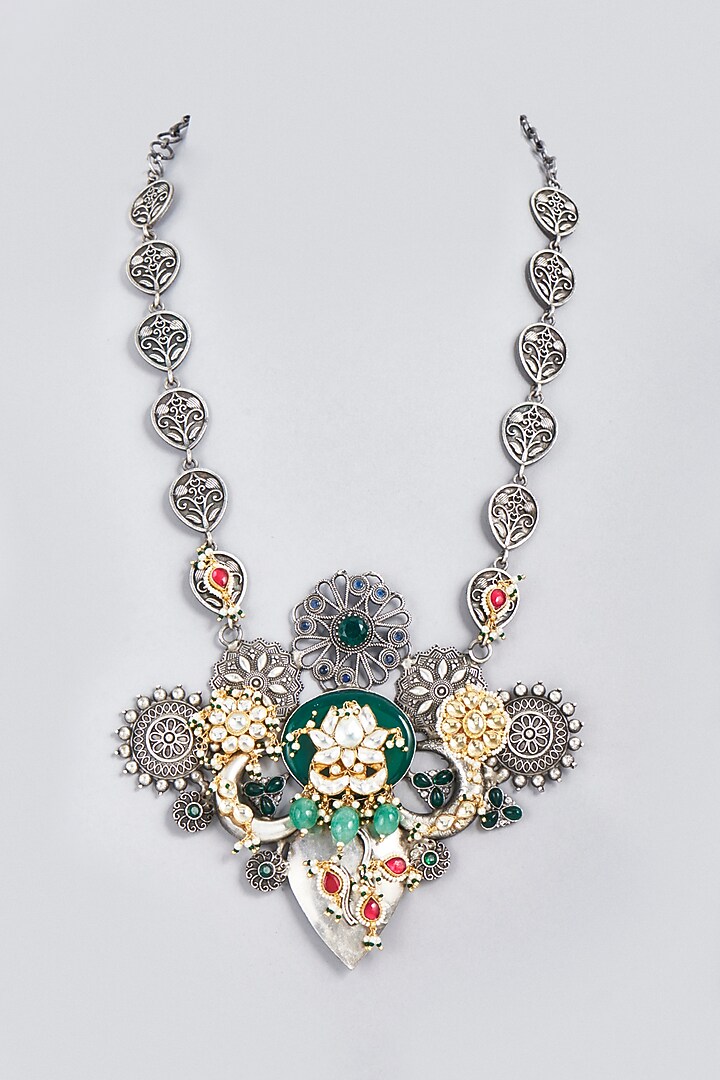 Oxidized Finish Kundan Polki & Synthetic Stone Long Necklace by VASTRAA Jewellery at Pernia's Pop Up Shop