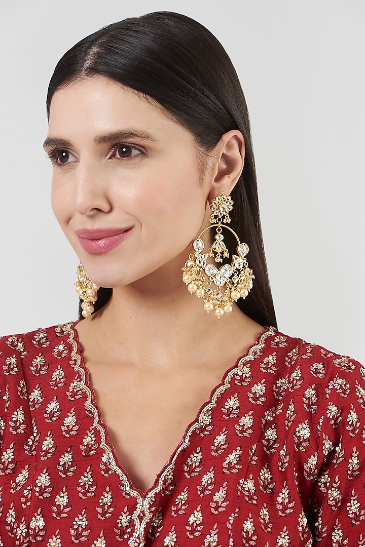 Gold Finish Pachi Kundan Polki & Pearl Chandbali Earrings by VASTRAA Jewellery