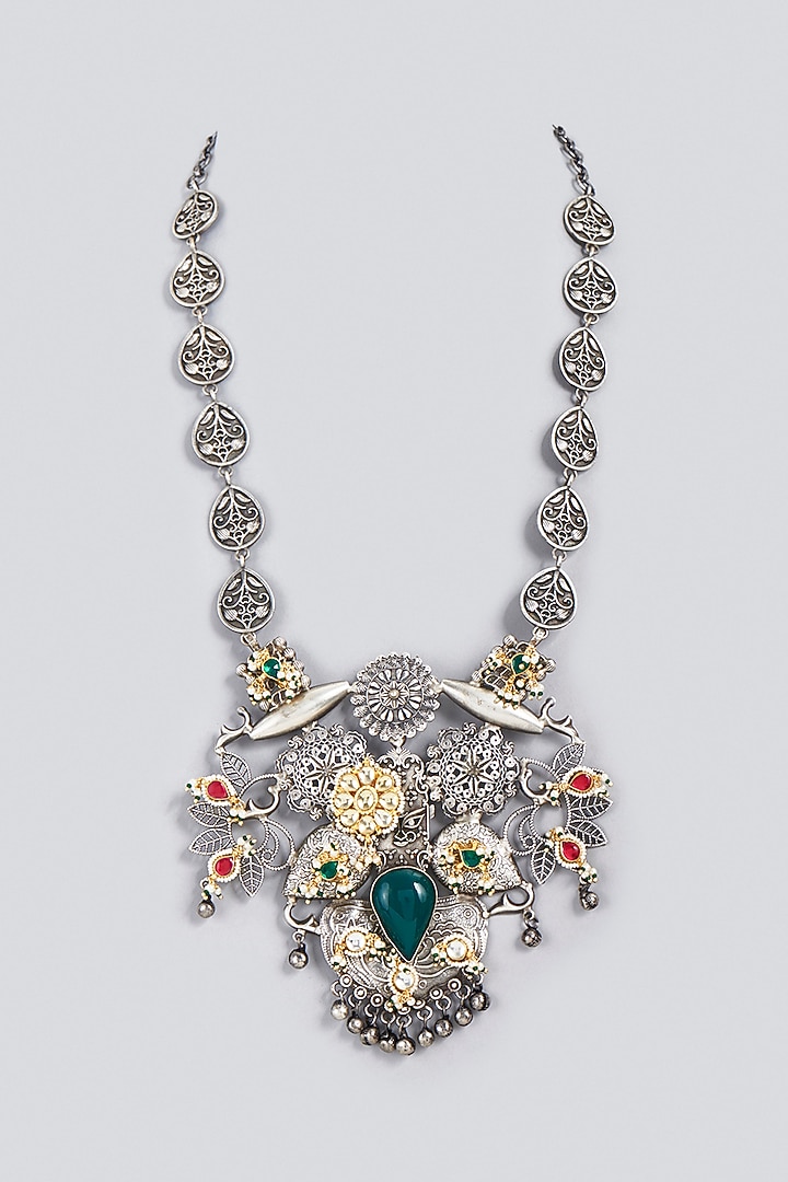 Oxidized Finish Kundan Polki & Synthetic Stone Long Necklace by VASTRAA Jewellery at Pernia's Pop Up Shop