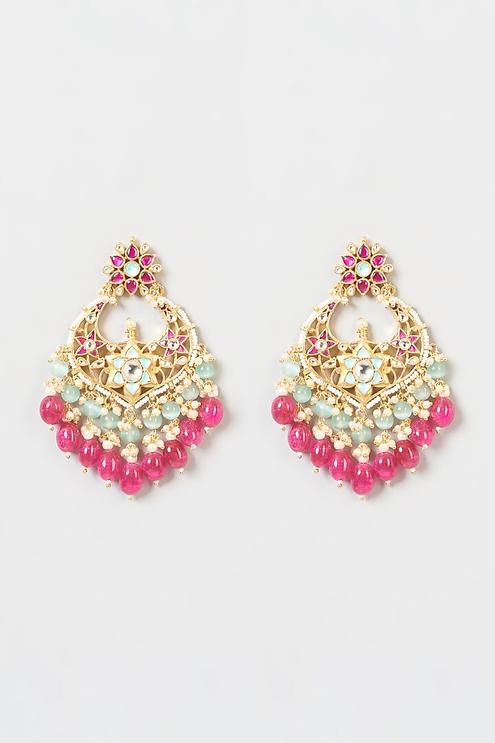 Gold Finish Pachi Kundan Polki & Pink Drop Chandbali Earrings by VASTRAA Jewellery at Pernia's Pop Up Shop