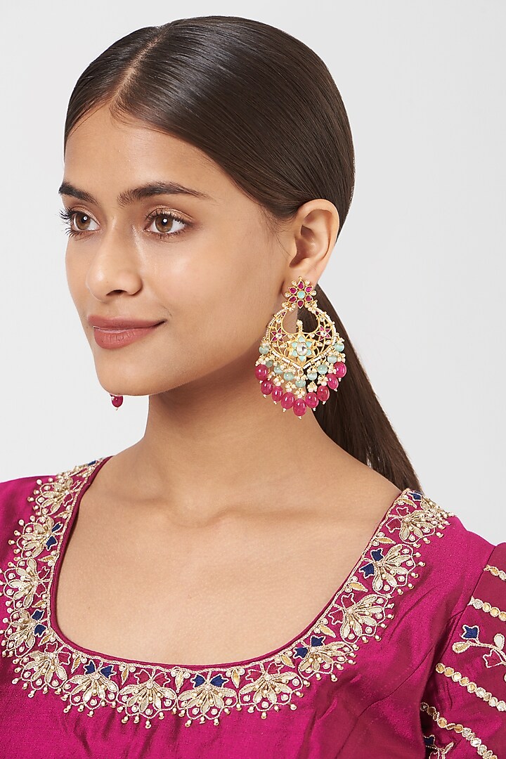 Gold Finish Pachi Kundan Polki & Pink Drop Chandbali Earrings by VASTRAA Jewellery at Pernia's Pop Up Shop