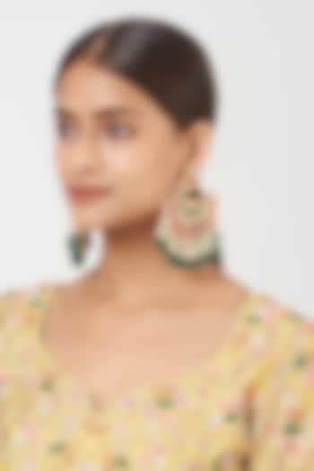 Gold Finish Green Drop & Kundan Polki Chandbali Earrings by VASTRAA Jewellery at Pernia's Pop Up Shop