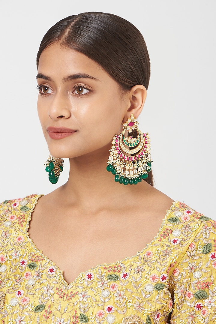 Gold Finish Green Drop & Kundan Polki Chandbali Earrings by VASTRAA Jewellery