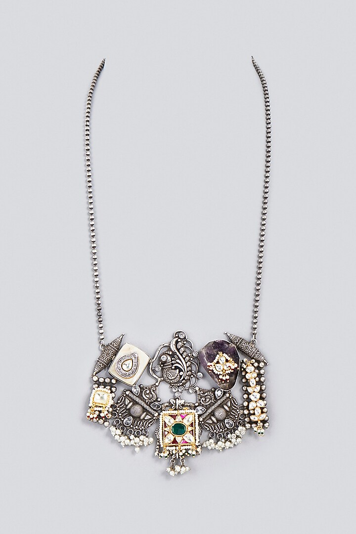 Oxidized Finish Kundan Polki & Synthetic Stone Long Necklace by VASTRAA Jewellery at Pernia's Pop Up Shop