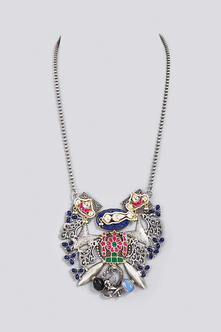 Oxidized Finish Kundan Polki & Synthetic Stone Long Necklace by VASTRAA Jewellery at Pernia's Pop Up Shop