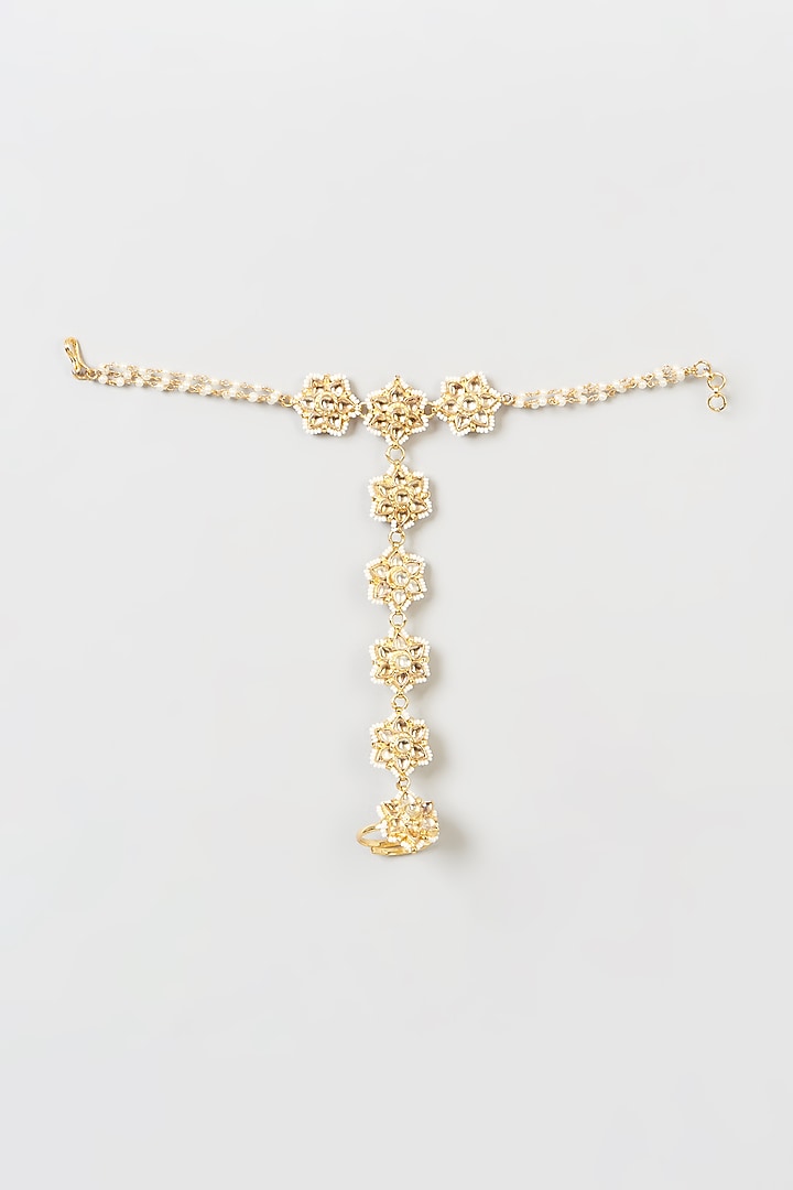 Gold Finish Kundan Polki Hathphool (Set Of 2) by VASTRAA Jewellery at Pernia's Pop Up Shop