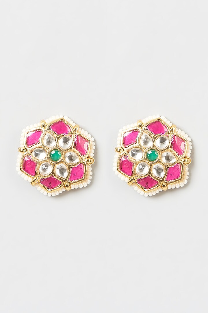 Gold Finish Pachi Kundan Polki & Multi-Colored Stone Stud Earrings by VASTRAA Jewellery at Pernia's Pop Up Shop