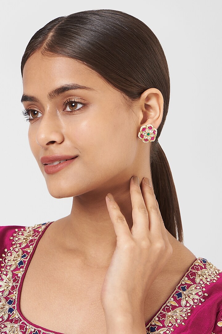 Gold Finish Pachi Kundan Polki & Multi-Colored Stone Stud Earrings by VASTRAA Jewellery