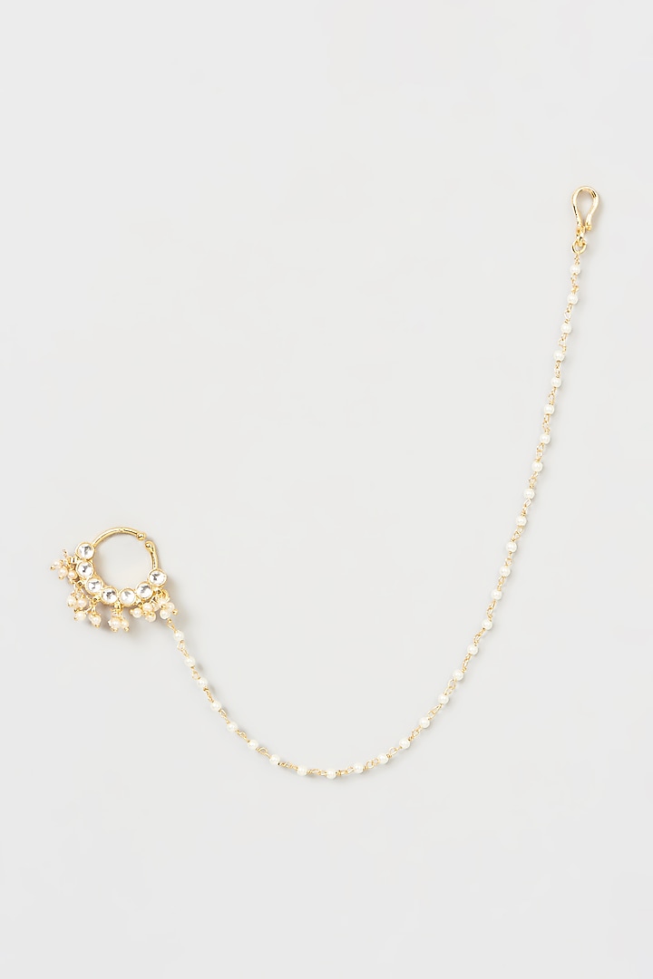 Gold Finish Pachi Kundan Polki Nose Ring by VASTRAA Jewellery at Pernia's Pop Up Shop