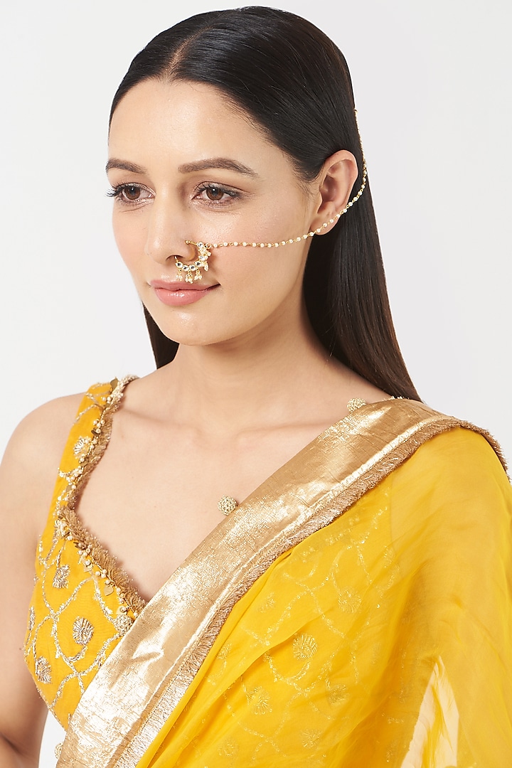 Gold Finish Pachi Kundan Polki Nose Ring  by VASTRAA Jewellery
