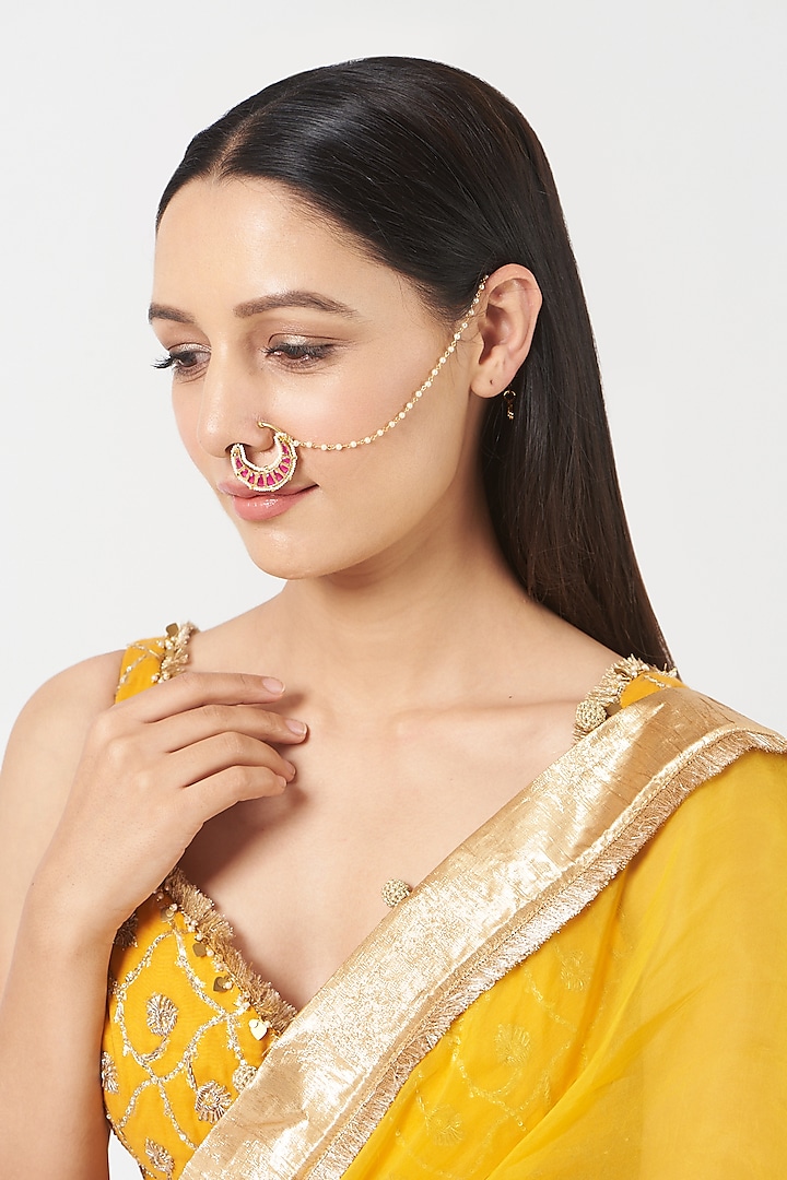 Gold Finish Pachi Kundan Polki Nose Ring  by VASTRAA Jewellery