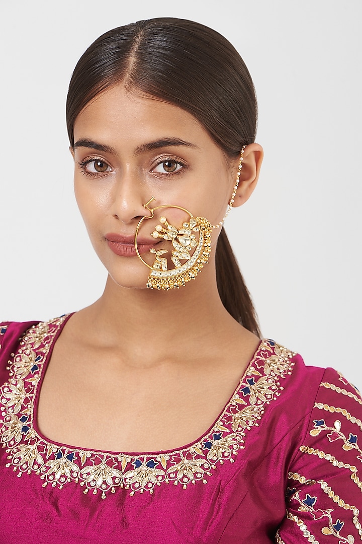 Gold Finish Pachi Kundan Polki Nose Ring  by VASTRAA Jewellery