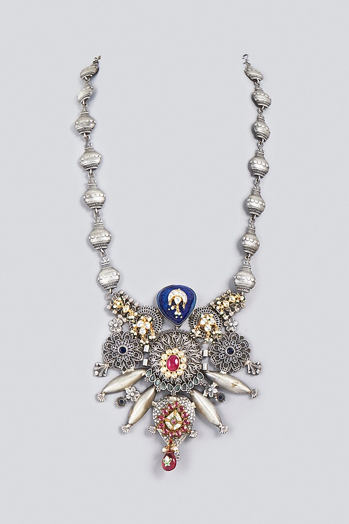Oxidized Finish Kundan Polki & Synthetic Stone Long Necklace by VASTRAA Jewellery at Pernia's Pop Up Shop