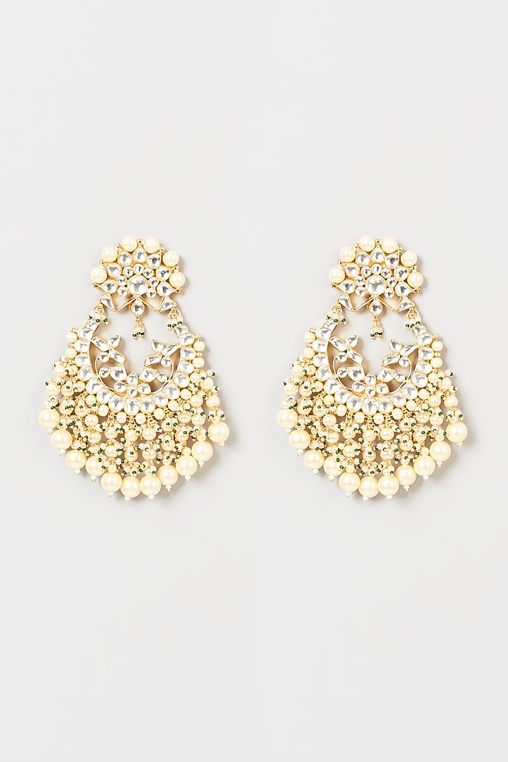 Gold Finish Pachi Kundan Polki & Pearl Dangler Earrings by VASTRAA Jewellery at Pernia's Pop Up Shop