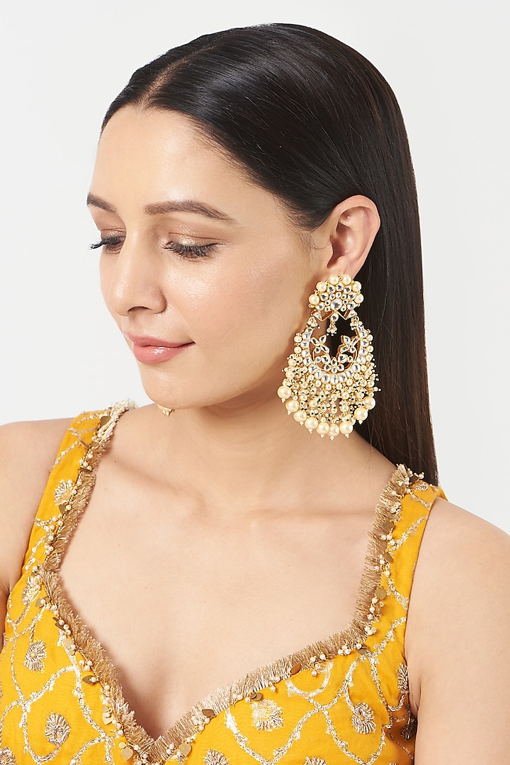 Gold Finish Pachi Kundan Polki & Pearl Dangler Earrings by VASTRAA Jewellery