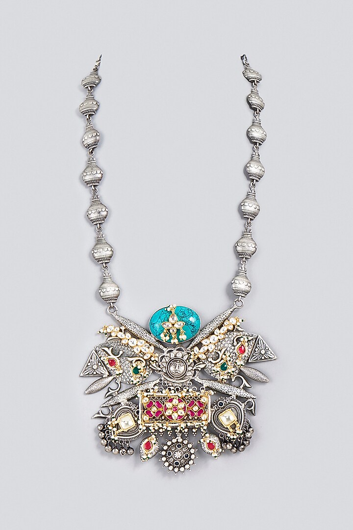 Oxidized Finish Kundan Polki & Synthetic Stone Long Necklace by VASTRAA Jewellery at Pernia's Pop Up Shop