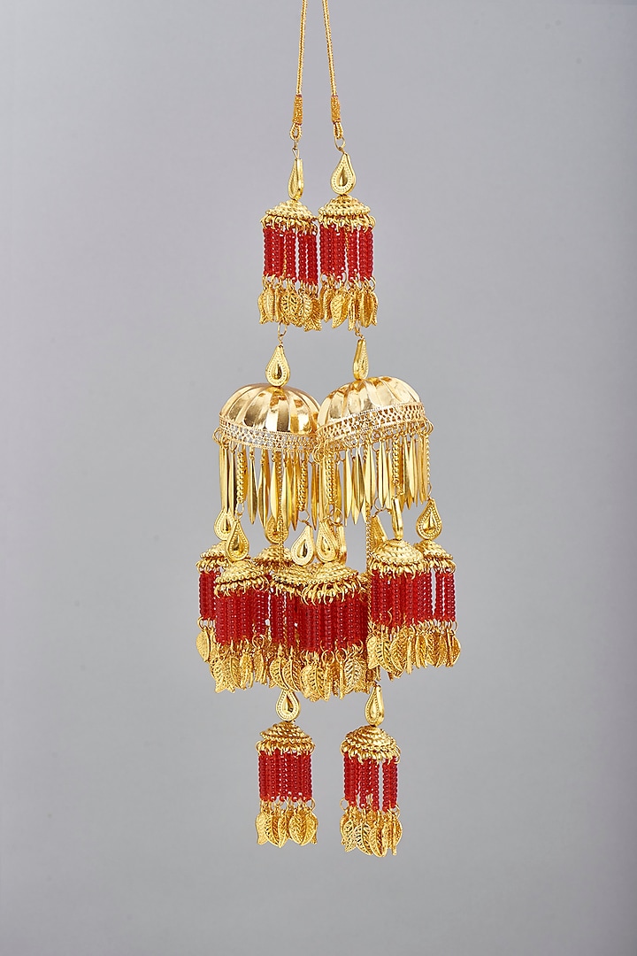 Gold Finish Red Beaded Kaleeras (Set of 2) by VASTRAA Jewellery