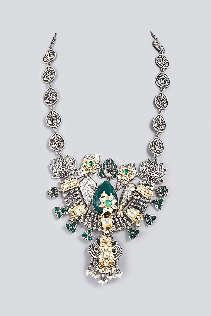 Oxidized Finish Kundan Polki & Synthetic Stone Long Necklace by VASTRAA Jewellery at Pernia's Pop Up Shop