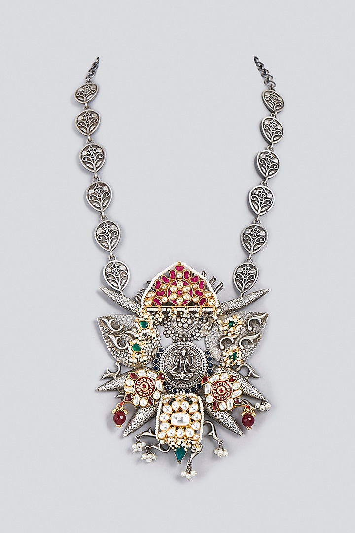 Oxidized Finish Kundan Polki & Synthetic Stone Long Necklace by VASTRAA Jewellery