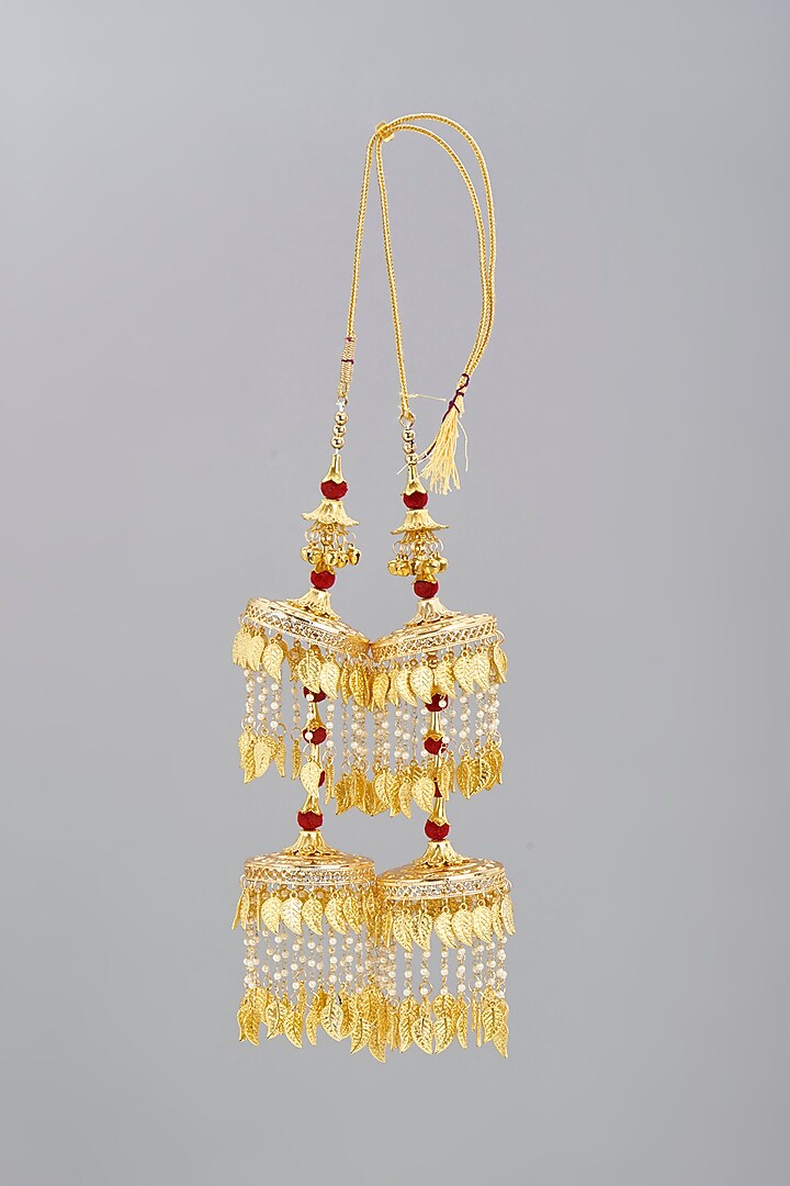Gold Finish Pearl & Red Beaded Kaleeras (Set of 2) by VASTRAA Jewellery at Pernia's Pop Up Shop