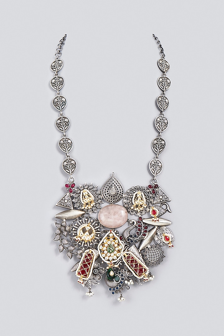 Oxidized Long Necklace With Synthetic Stones & Kundan by VASTRAA Jewellery