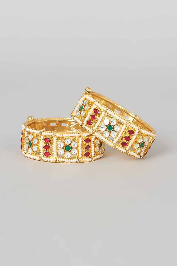 Gold Finish Kundan Polki & Multi-Colored Stone Bangles (Set Of 2) by VASTRAA Jewellery at Pernia's Pop Up Shop