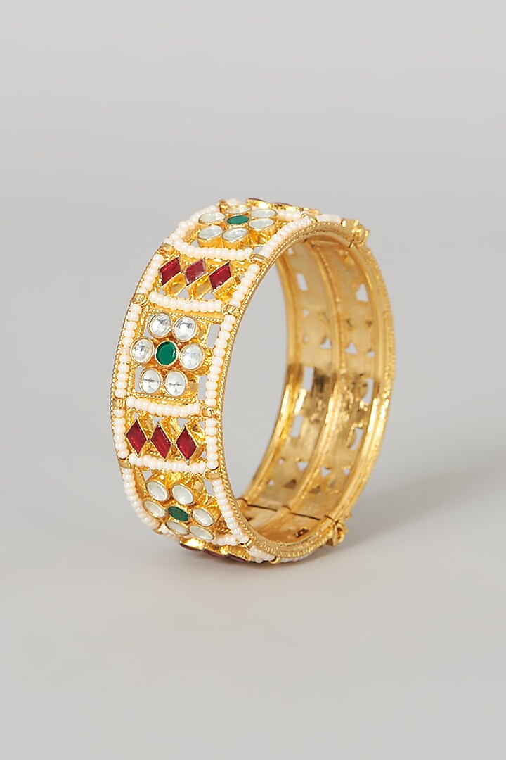 Gold Finish Kundan Polki & Multi-Colored Stone Bangles (Set Of 2) by VASTRAA Jewellery at Pernia's Pop Up Shop