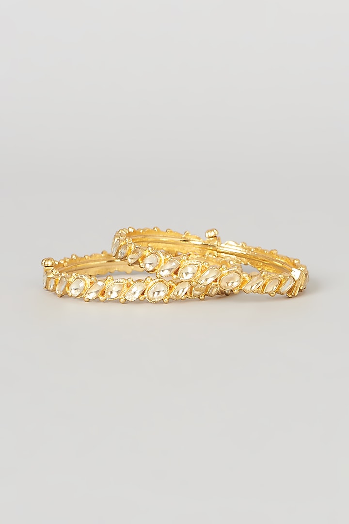 Gold Finish Kundan Polki Bangles (Set Of 2) by VASTRAA Jewellery at Pernia's Pop Up Shop