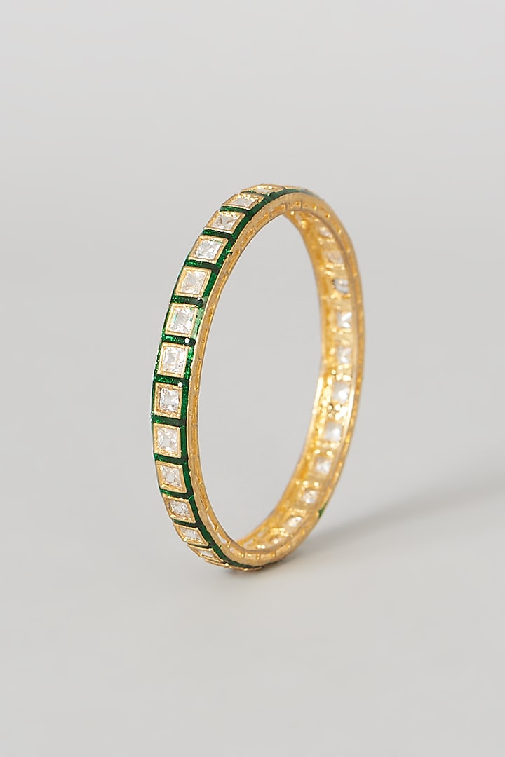 Gold Finish Kundan Polki Green Enameled Bangles (Set Of 4) by VASTRAA Jewellery at Pernia's Pop Up Shop