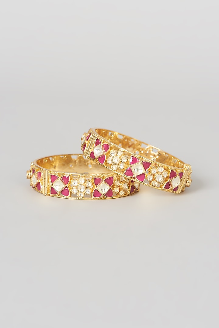 Gold Finish Pink Stone & Kundan Polki Bangles (Set Of 2) by VASTRAA Jewellery at Pernia's Pop Up Shop