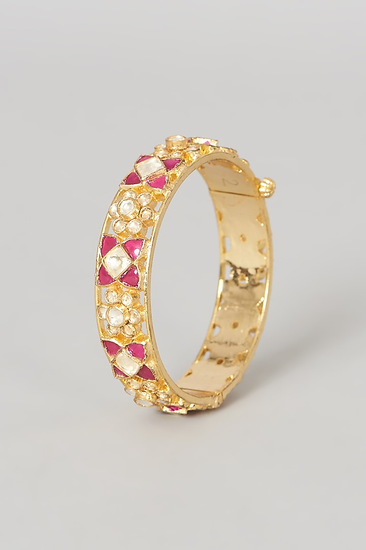 Gold Finish Pink Stone & Kundan Polki Bangles (Set Of 2) by VASTRAA Jewellery at Pernia's Pop Up Shop