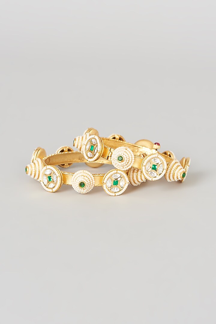 Gold Finish Green Stone & Kundan Polki Bangles (Set Of 2) by VASTRAA Jewellery at Pernia's Pop Up Shop