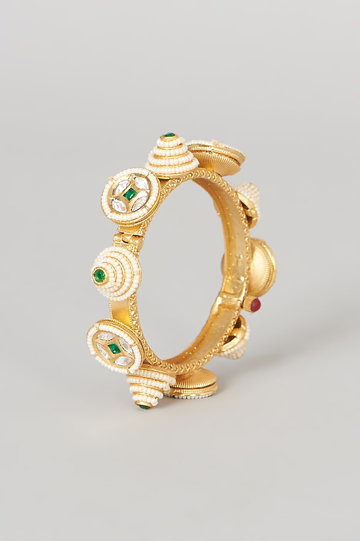 Gold Finish Green Stone & Kundan Polki Bangles (Set Of 2) by VASTRAA Jewellery at Pernia's Pop Up Shop