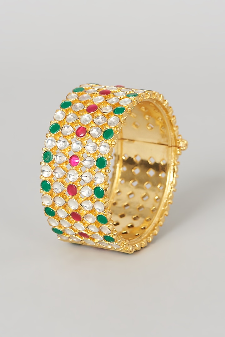 Gold Finish Multi-Colored Stone & Kundan Polki Bangle by VASTRAA Jewellery at Pernia's Pop Up Shop