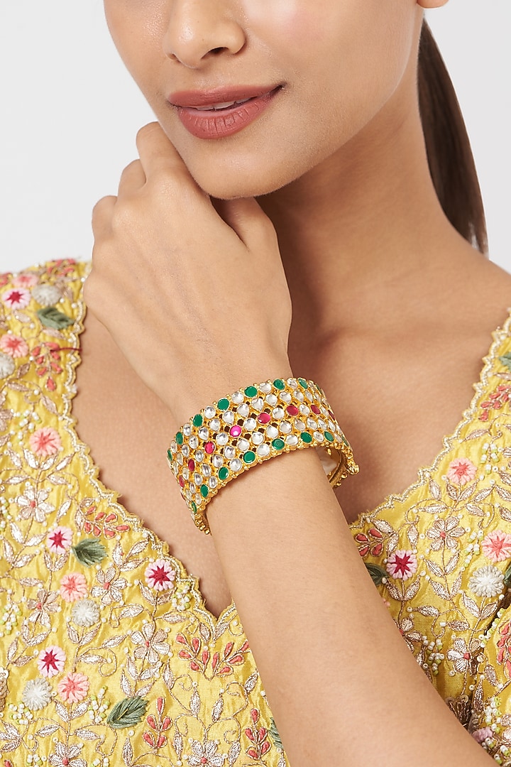 Gold Finish Multi-Colored Stone & Kundan Polki Bangle by VASTRAA Jewellery at Pernia's Pop Up Shop