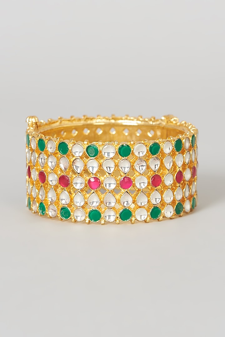 Gold Finish Multi-Colored Stone & Kundan Polki Bangle by VASTRAA Jewellery at Pernia's Pop Up Shop