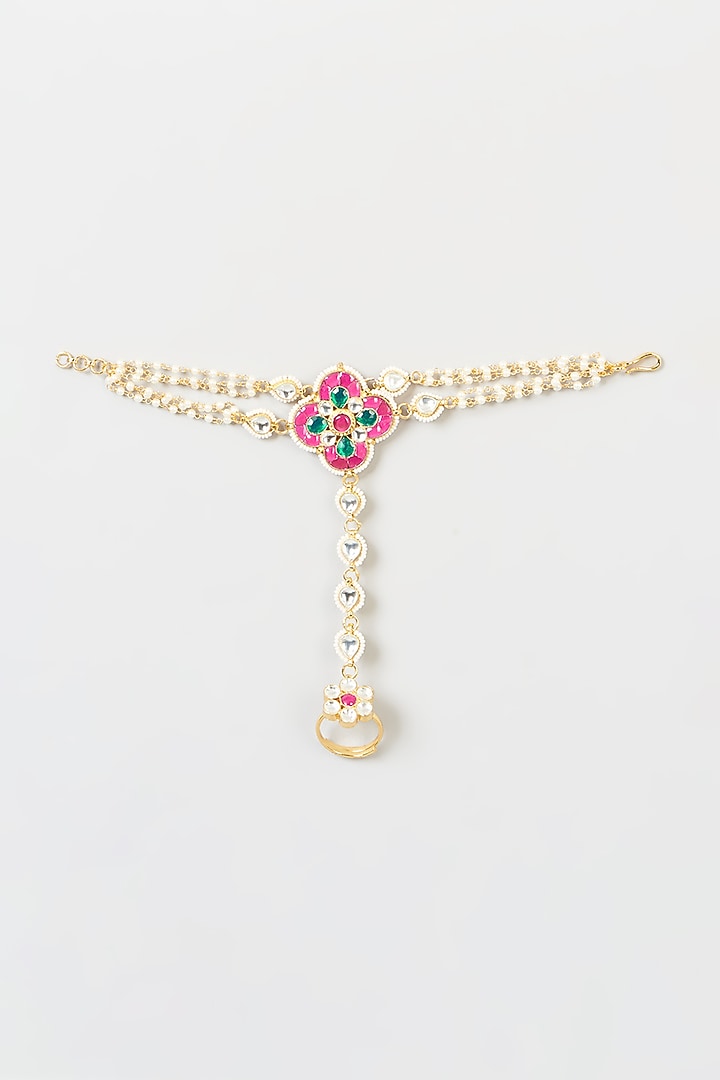 Gold Finish Multi-Colored Stone & Kundan Polki Hathphool by VASTRAA Jewellery at Pernia's Pop Up Shop