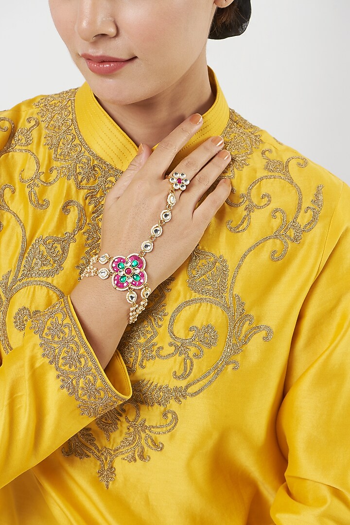 Gold Finish Multi-Colored Stone & Kundan Polki Hathphool by VASTRAA Jewellery at Pernia's Pop Up Shop