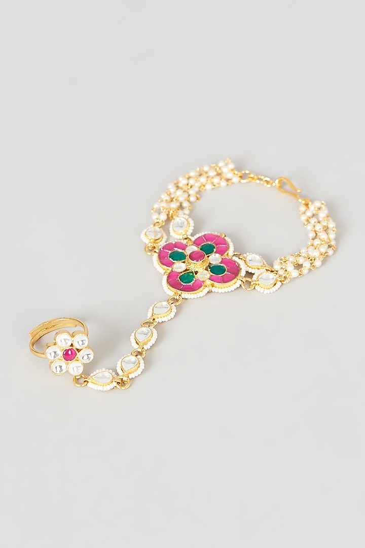 Gold Finish Multi-Colored Stone & Kundan Polki Hathphool by VASTRAA Jewellery at Pernia's Pop Up Shop