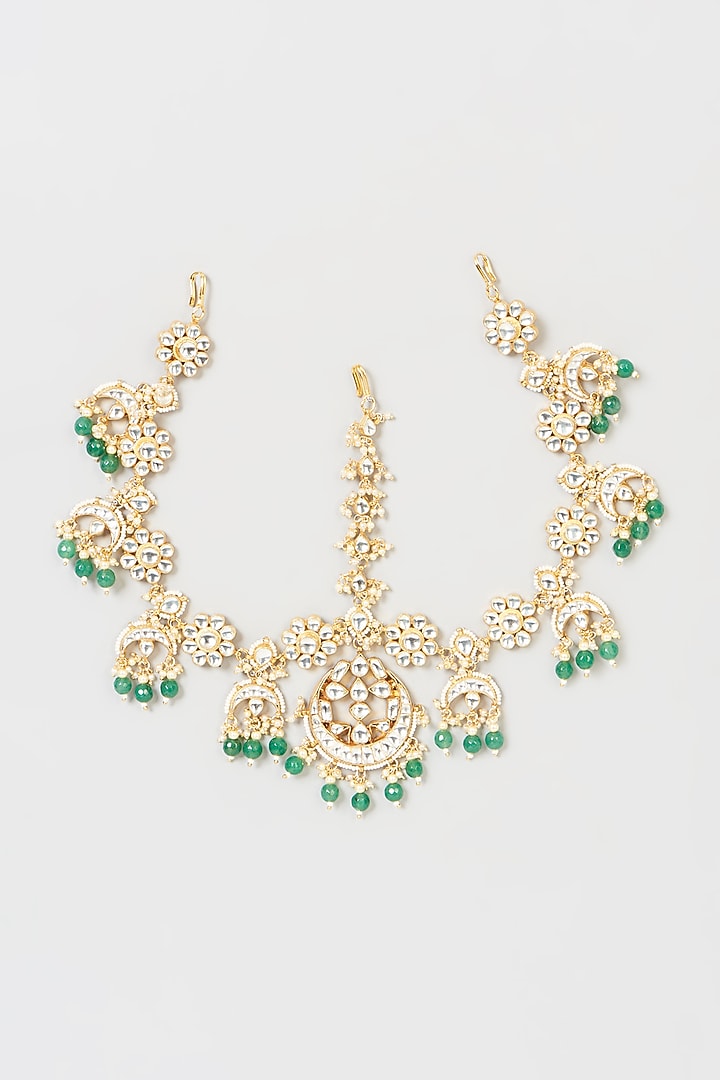 Gold Finish Pachi Kundan Polki & Green Beaded Mathapatti by VASTRAA Jewellery at Pernia's Pop Up Shop