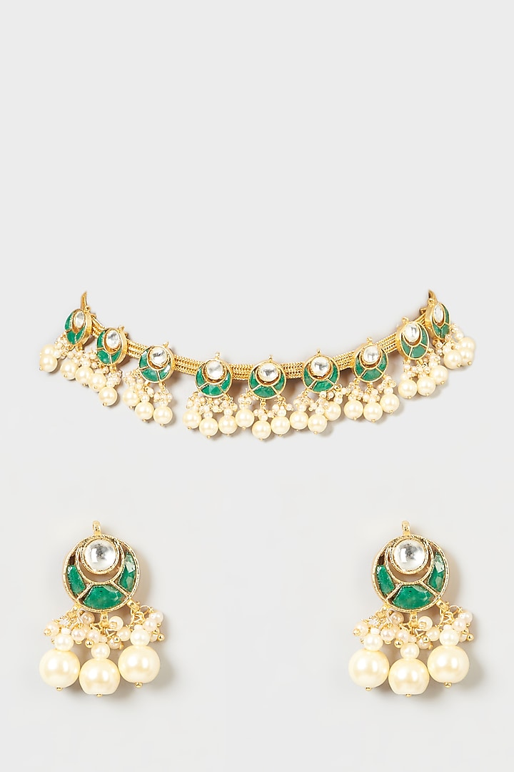 Gold Finish Pachi Kundan Polki & Pearl Necklace Set by VASTRAA Jewellery at Pernia's Pop Up Shop