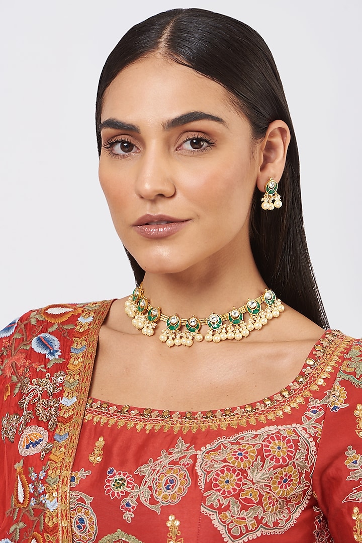 Gold Finish Pachi Kundan Polki & Pearl Necklace Set by VASTRAA Jewellery