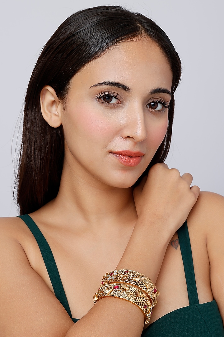 Gold Finish Kundan Polki & Synthetic Stone Bangles (Set Of 2) by VASTRAA Jewellery at Pernia's Pop Up Shop