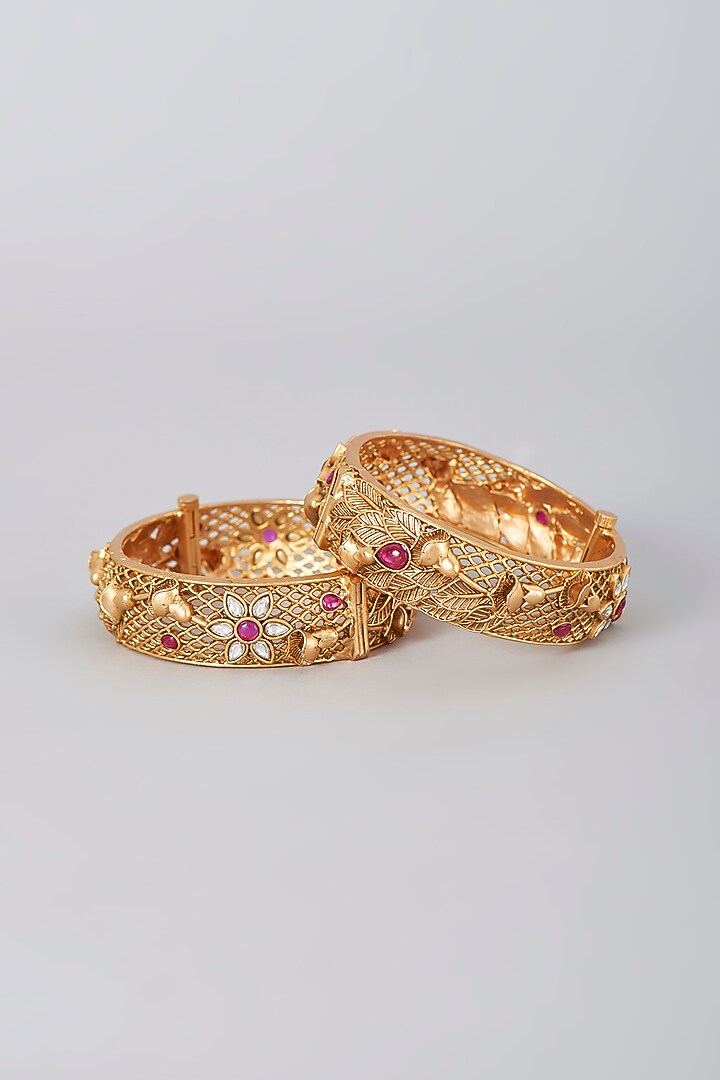 Gold Finish Kundan Polki & Synthetic Stone Bangles (Set Of 2) by VASTRAA Jewellery at Pernia's Pop Up Shop