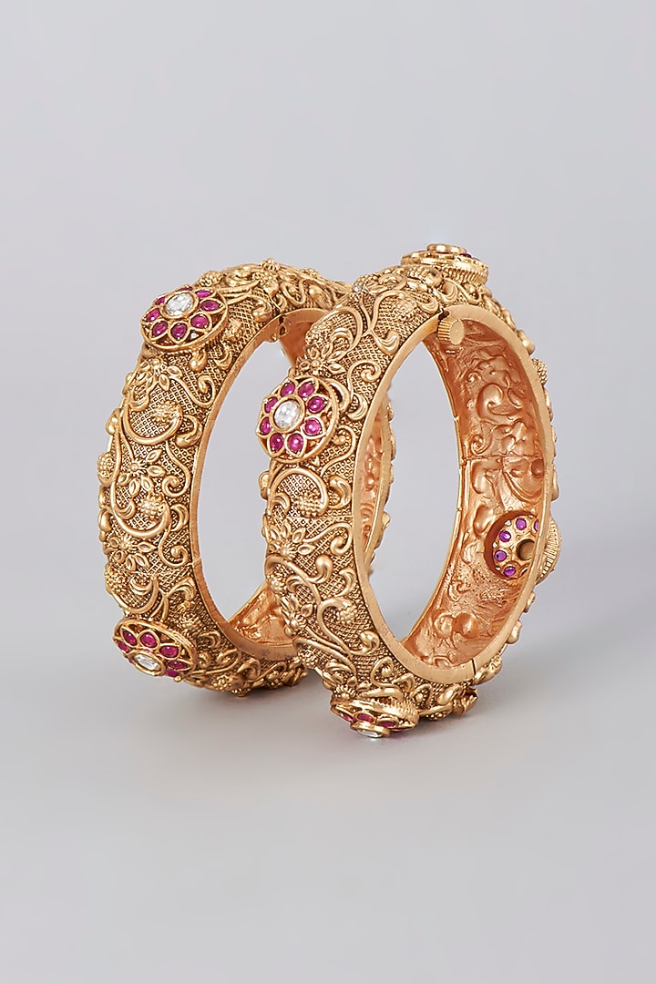 Gold Finish Kundan Polki & Synthetic Stone Bangles (Set Of 2) by VASTRAA Jewellery at Pernia's Pop Up Shop