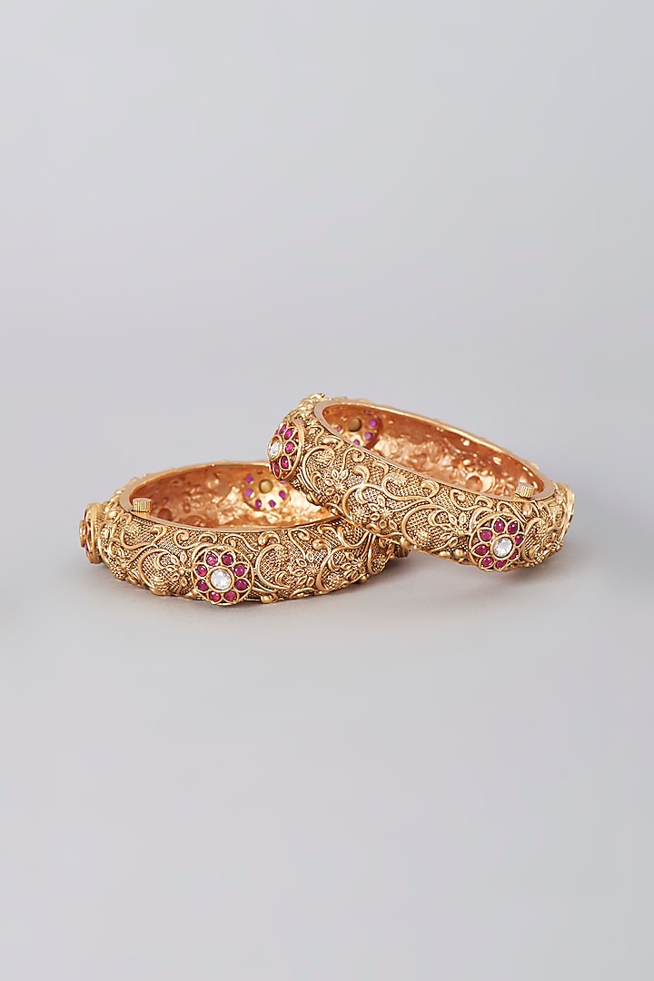 Gold Finish Kundan Polki & Synthetic Stone Bangles (Set Of 2) by VASTRAA Jewellery at Pernia's Pop Up Shop