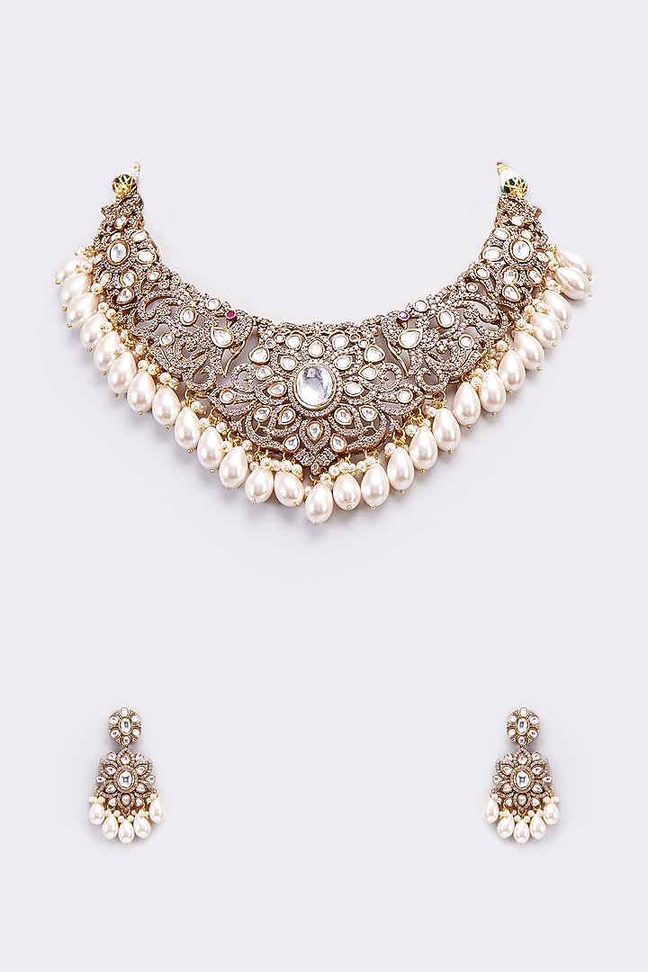 Gold Finish Kundan Polki & Pearl Necklace Set by VASTRAA Jewellery at Pernia's Pop Up Shop