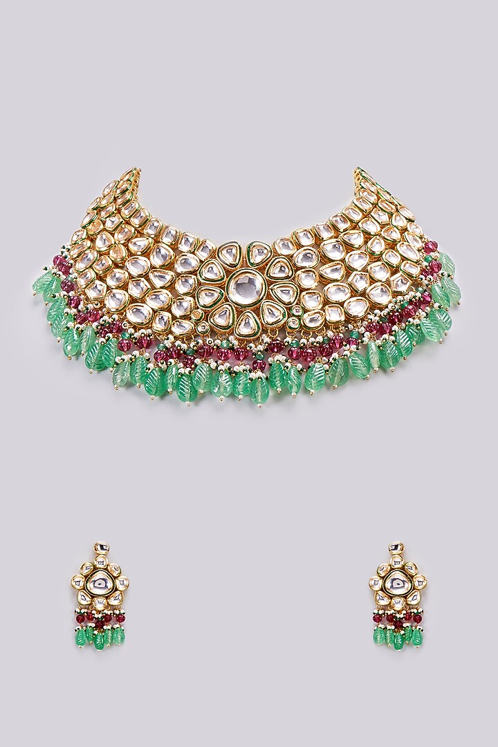 Gold Finish Kundan Polki & Multi-Colored Beaded Necklace Set by VASTRAA Jewellery at Pernia's Pop Up Shop
