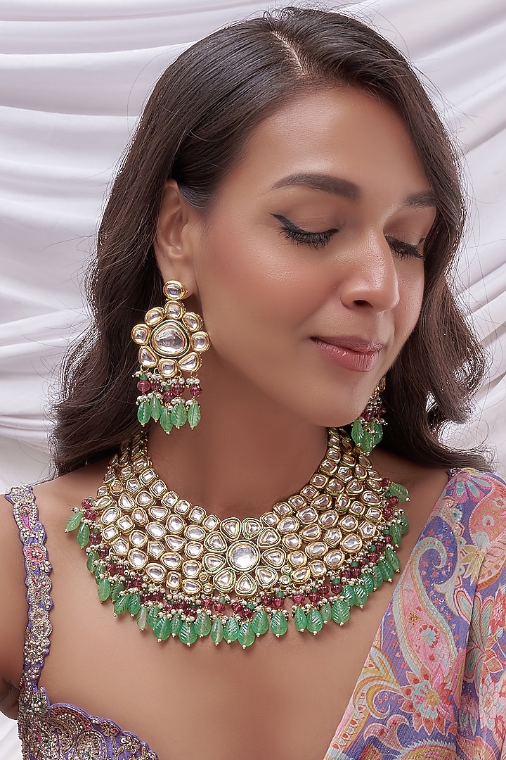 Gold Finish Kundan Polki & Multi-Colored Beaded Necklace Set by VASTRAA Jewellery at Pernia's Pop Up Shop