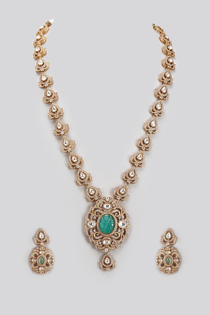 Gold Finish Kundan Polki & Green Stone Long Necklace Set by VASTRAA Jewellery at Pernia's Pop Up Shop